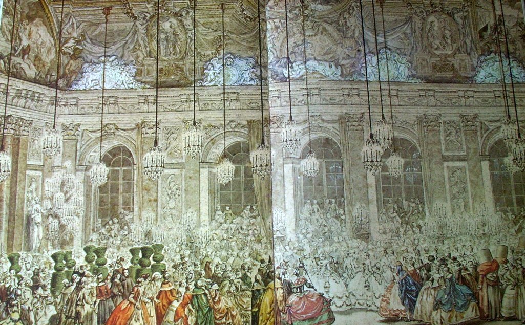 La Galleria degli Specchi in una tempera dell'epoca che raffigura un ballo in costume